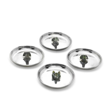 View full screen - View 1 of Lot 133. A cased set of four silver-gilt and nephrite dishes, William Hornby, London, 1911, retailed by Kendall & Co..