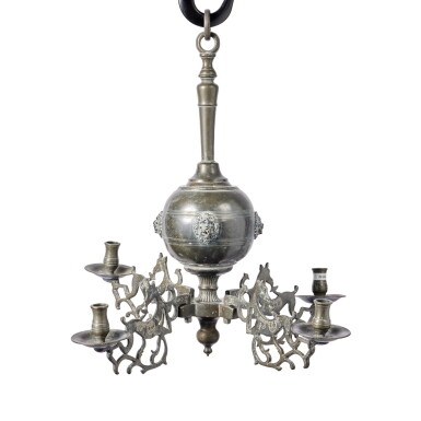 View full screen - View 1 of Lot 100. A Pewter Four-Light Hanging Sabbath Lamp, probably German, late 18th century.