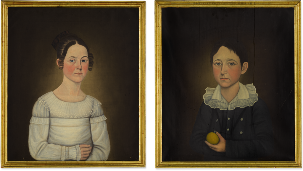 View full screen - View 1 of Lot 1037. JOHN BREWSTER JR. | PAIR OF PORTRAITS: JUNIA LORETTA BARTLETT AND LEVI STEVENS BARTLETT OF KINGSTON, NEW HAMPSHIRE.