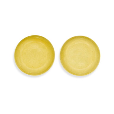 View full screen - View 1 of Lot 232. A pair of yellow-glazed saucers, Marks and period of Guangxu | 清光緒 黃釉盤一對 《大清光緒年製》款.