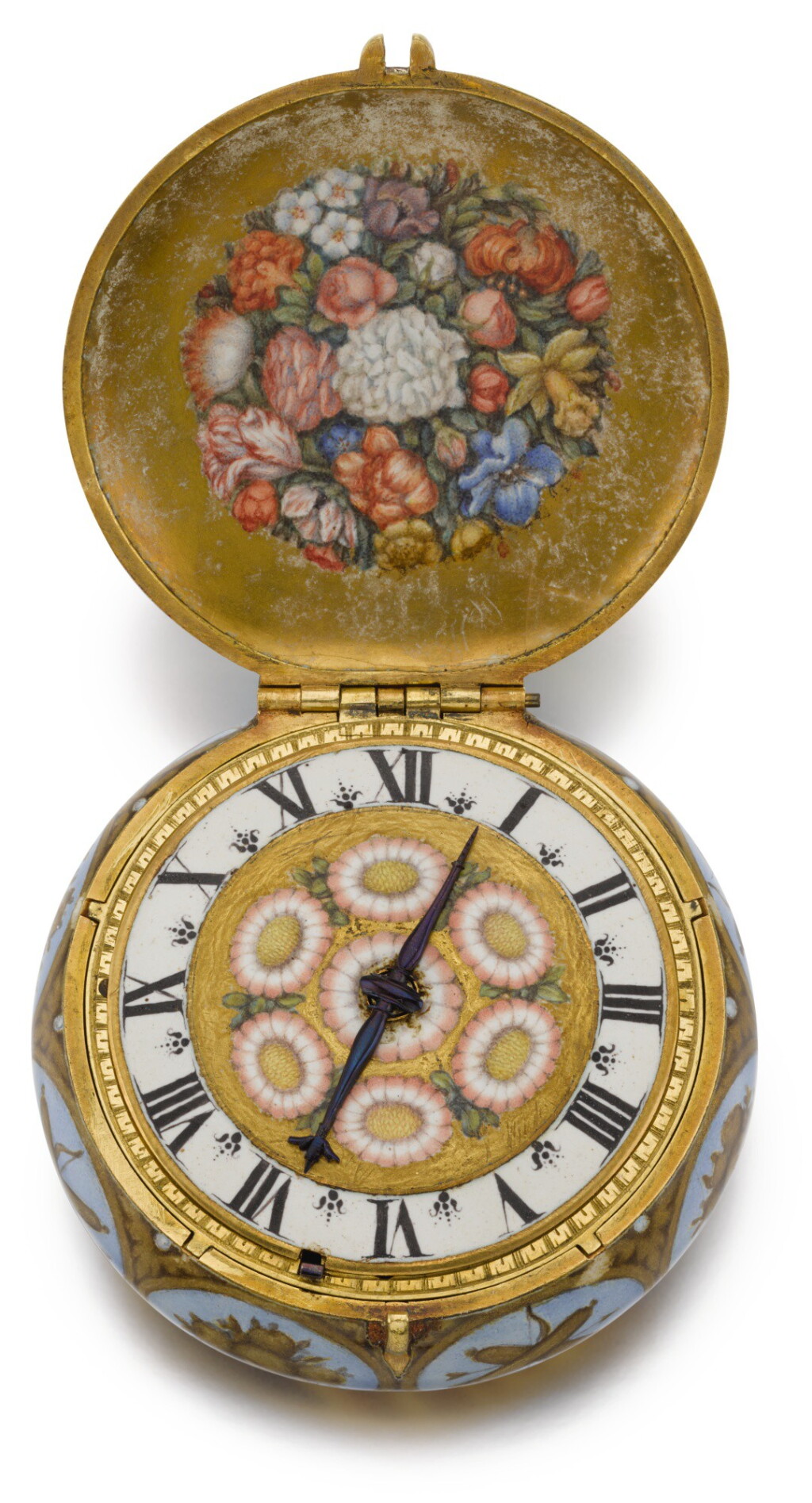 View full screen - View 1 of Lot 231. F MASSERON | A MID 17TH CENTURY ENAMEL VERGE WATCH WITH SHAGREEN OUTER COVER.