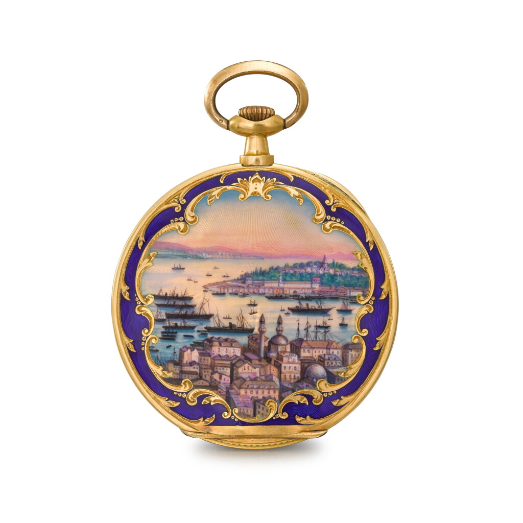 View full screen - View 1 of Lot 1366. A gold and enamel open-faced keyless lever watch Circa 1910, no. 944809.
