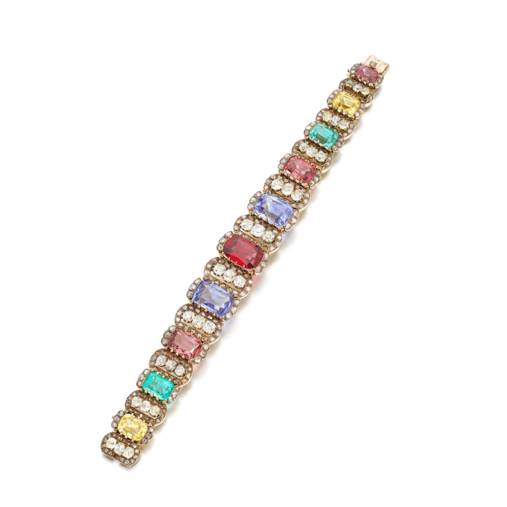 View full screen - View 1 of Lot 1078. Rare and Exquisite gem set and diamond bracelet, circa 1870.