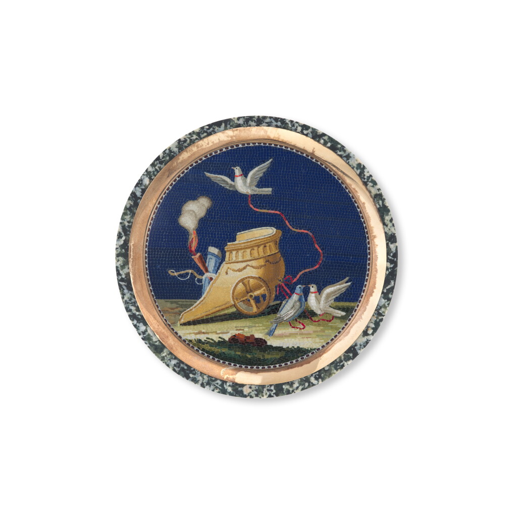 View full screen - View 1 of Lot 106. A gold-mounted micromosaic and marble bonbonniere, probably Giacomo Raffaelli, Rome, circa 1805/1810, .