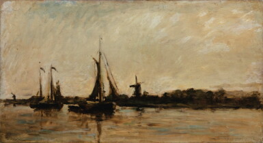 View full screen - View 1 of Lot 133. CHARLES-FRANÇOIS DAUBIGNY | LANDSCAPE WITH A CANAL IN HOLLAND.