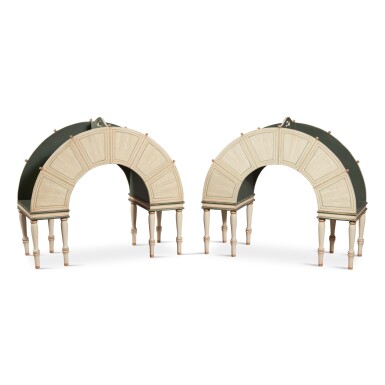 View full screen - View 1 of Lot 880. A PAIR OF GRAINED, GREEN-PAINTED AND LINE-DECORATED | U-FORM JARDINIÈRE STANDS BY COLEFAX AND FOWLER, SECOND HALF 20TH CENTURY.