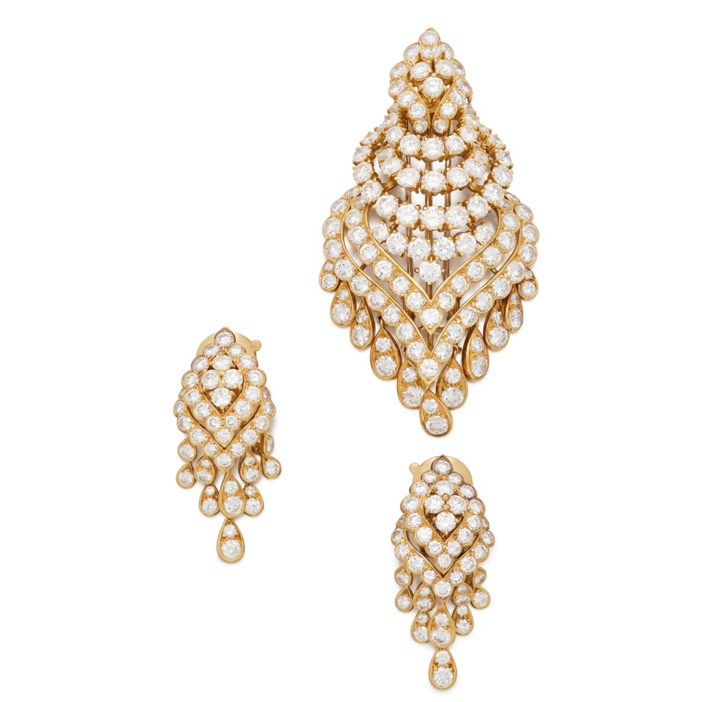 View full screen - View 1 of Lot 227. Gold and Diamond 'Trevise' Pendant-Brooch and Pair of Earclips, France.