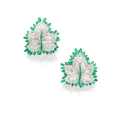 View full screen - View 1 of Lot 172. Pair of Diamond and Emerald Earclips.