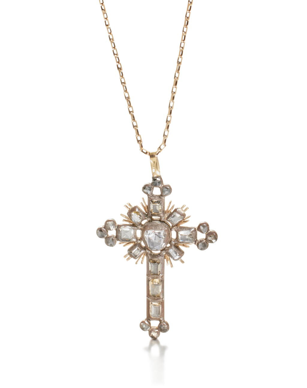 View full screen - View 1 of Lot 11. An Antique Diamond-Set Gold and Silver Cross Pendant Necklace.
