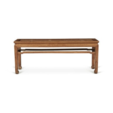 View full screen - View 1 of Lot 113. A 'huanghuali' corner-leg bench (Errendeng), Qing dynasty, 18th century | 清十八世紀 黃花梨有束腰羅鍋棖馬蹄足貳人凳.