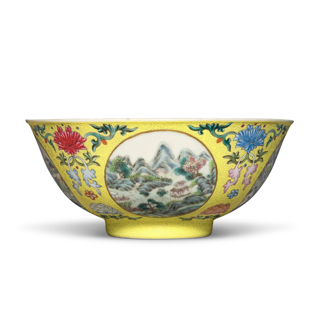 View full screen - View 1 of Lot 361. A yellow-ground famille-rose sgraffiato 'medallion' bowl, Seal mark and period of Daoguang | 清道光 黃地軋道粉彩開光山水人物圖盌 《大清道光年製》款.