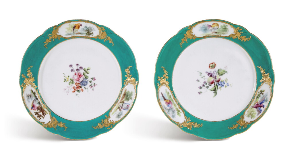 View full screen - View 1 of Lot 93. TWO VINCENNES OR EARLY SEVRES PORCELAIN GREEN-GROUND PLATES FROM THE FREDERIK V SERVICE, CIRCA 1755.
