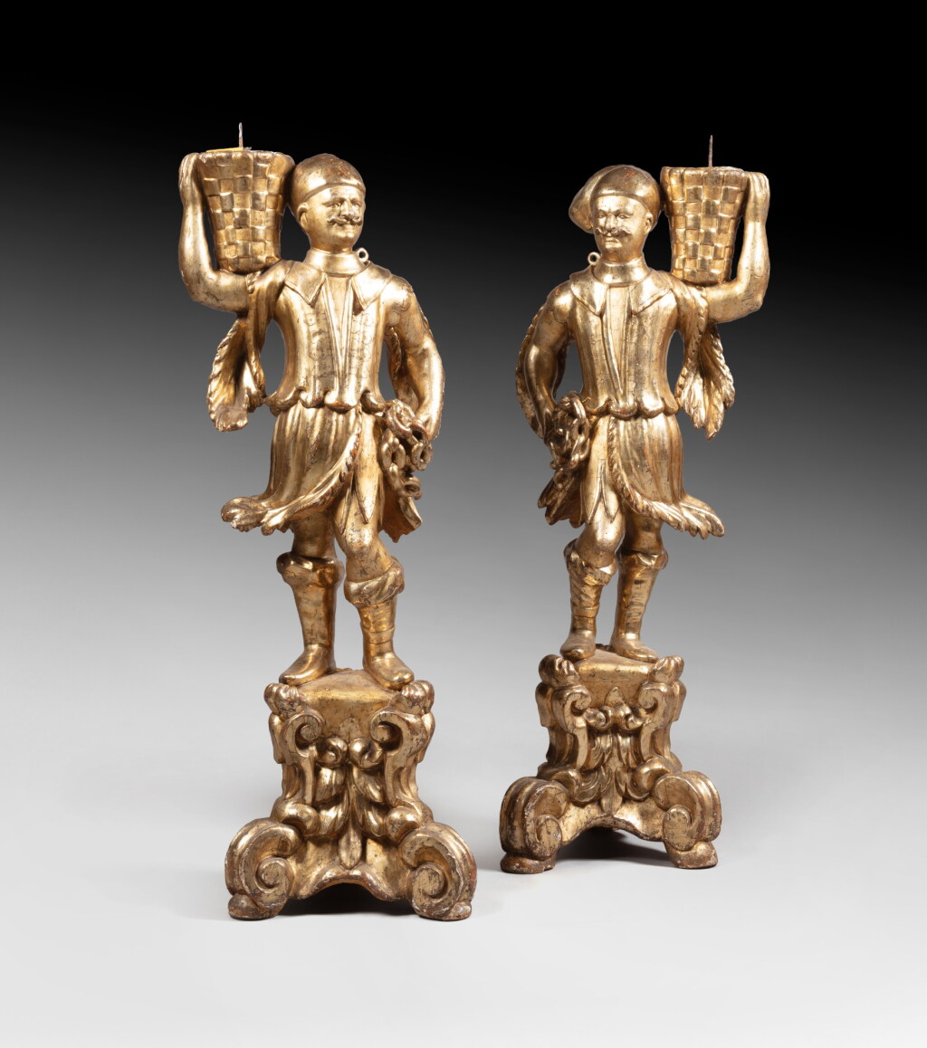 View full screen - View 1 of Lot 60. A pair of giltwood of Turkish figures, Italian, 18th century | Paire de figures de turcs en bois doré, Italie, XVIIIeme siècle.