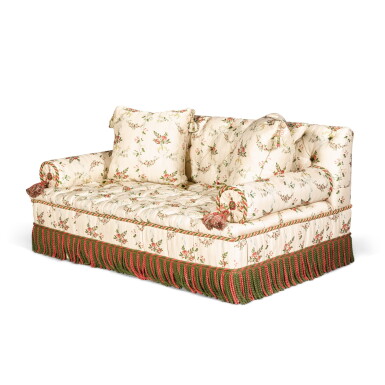 View full screen - View 1 of Lot 93. A striped and floral silk sofa, modern, by David Laws.