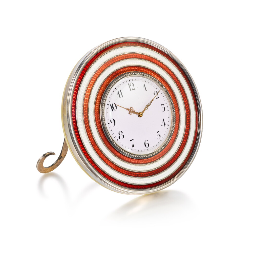 View full screen - View 1 of Lot 124. A Fabergé silver and guilloché enamel desk clock, workmaster Mikhail Perkhin, St Petersburg, 1899-1903.
