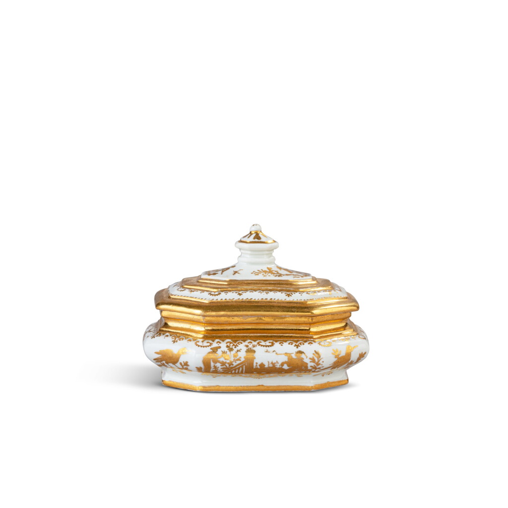 View full screen - View 1 of Lot 316. A Meissen porcelain Hausmaler octagonal sugar box and cover, the porcelain circa 1720, the decoration slightly later.
