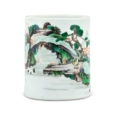 View full screen - View 1 of Lot 313. A wucai 'landscape' brushpot Qing dynasty, Kangxi period | 清康熙 五彩高士山水圖筆筒.