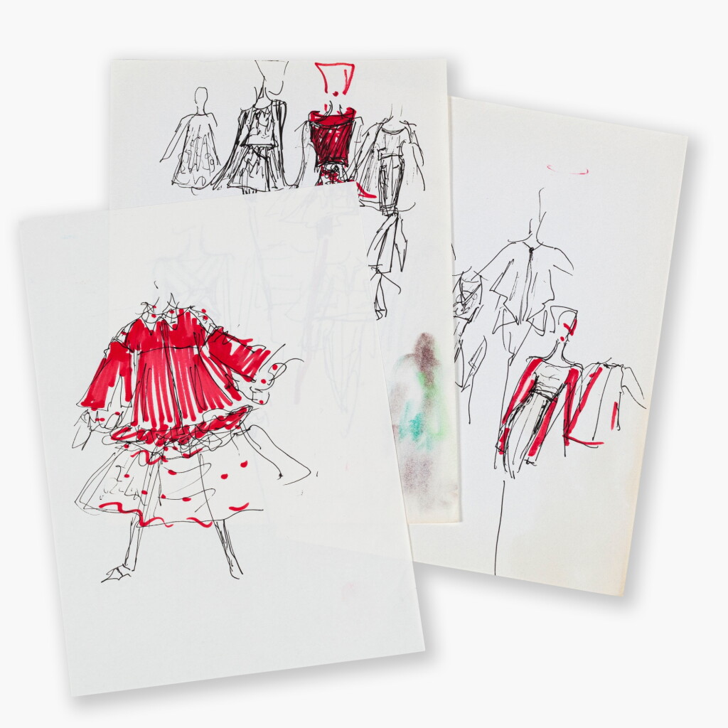 View full screen - View 1 of Lot 106. Three original color sketches for fashion.
