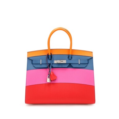 View full screen - View 1 of Lot 81. Apricot, Bleu Agate, Magnolia, and Rouge Casaque Epsom Sellier Sunset Birkin 35 Palladium Hardware, 2019.