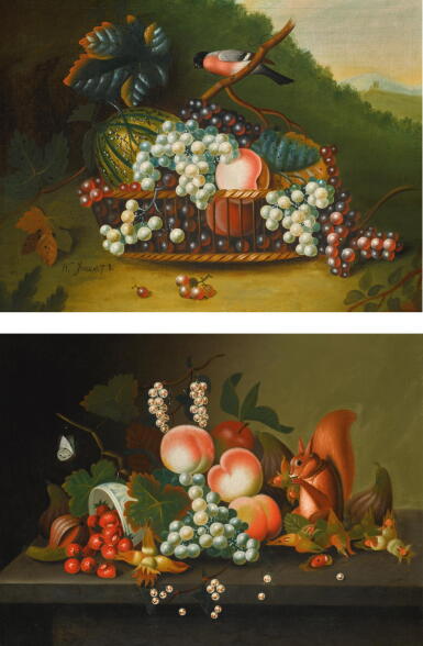View full screen - View 1 of Lot 56. MANNER OF WILLIAM JONES OF BATH | STILL LIFE WITH MIXED FRUIT IN A BASKET AND A BULLFINCH; AND STILL LIFE WITH MIXED FRUIT AND A RED SQUIRREL ON A STONE LEDGE.