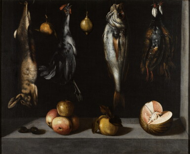 View full screen - View 1 of Lot 144. Still life with birds, fish, a rabbit and fruits in a niche.