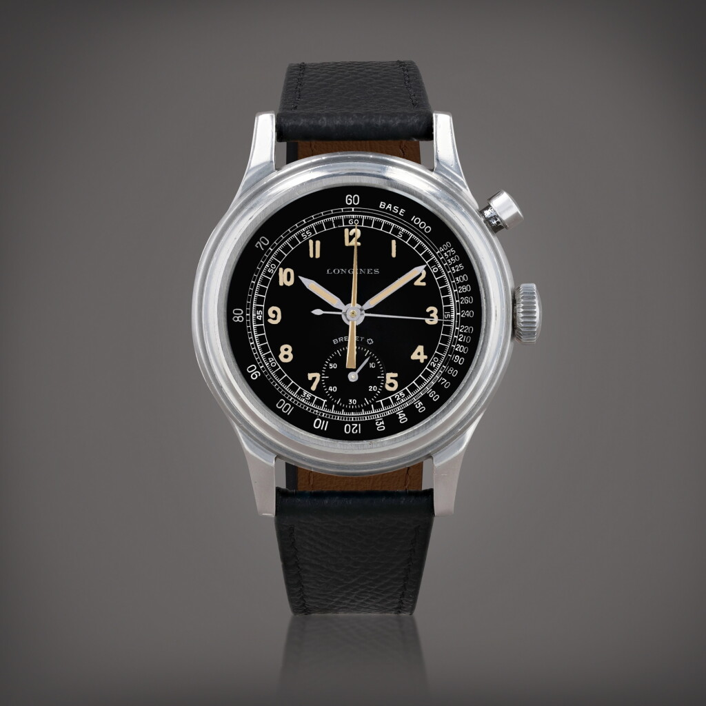 View full screen - View 1 of Lot 444. Chronostop, reference 5681 Montre bracelet chronographe flyback à un seul bouton en acier | Stainless steel single button flyback chronograph wristwatch Vers 1950 | Circa 1950.