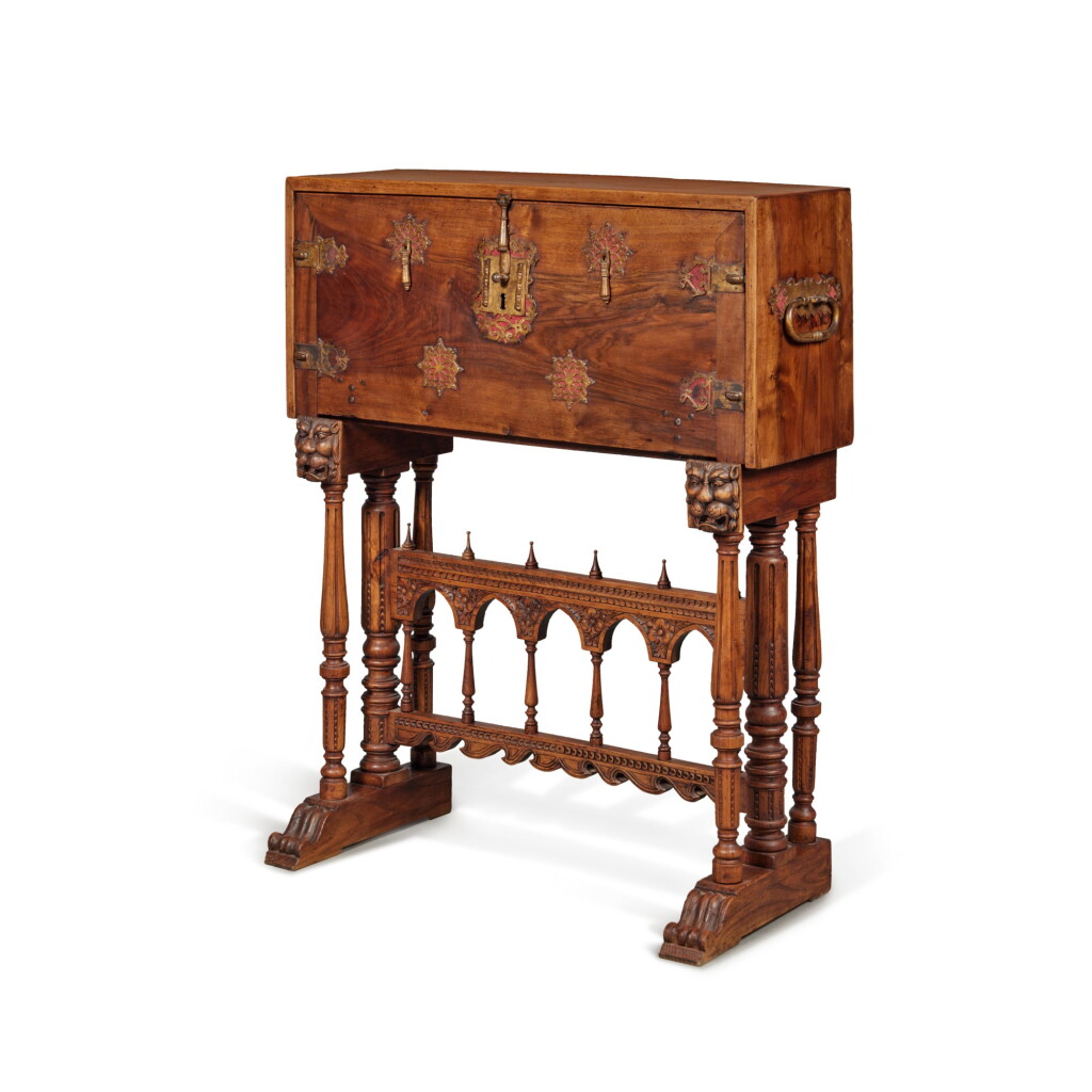 View full screen - View 1 of Lot 1. A Spanish Baroque Wrought-Iron Mounted Bone Inlaid Walnut Varqueno, 17th Century, the Stand of Later Date.