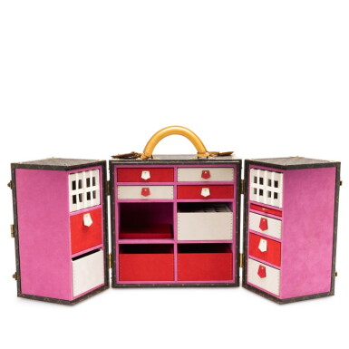 View full screen - View 1 of Lot 191. Brown Monogram Coated Canvas Custom Jewelry Trunk Gold Hardware.