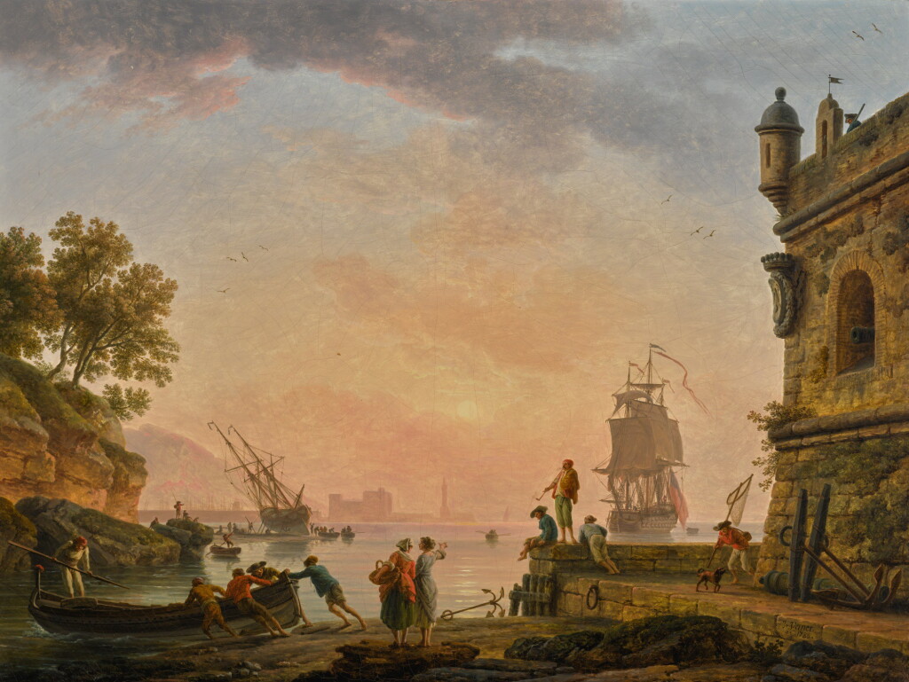 View full screen - View 1 of Lot 29. CLAUDE-JOSEPH VERNET | A Mediterranean harbour scene at sunset, with fishermen pushing off a rowing boat beside a fortress, a British warship beyond | 克勞德・約瑟夫・維爾內 | 《黃昏下的地中海港口景致,堡壘旁的漁民將划艇撐離岸邊,遠眺英國軍艦》.