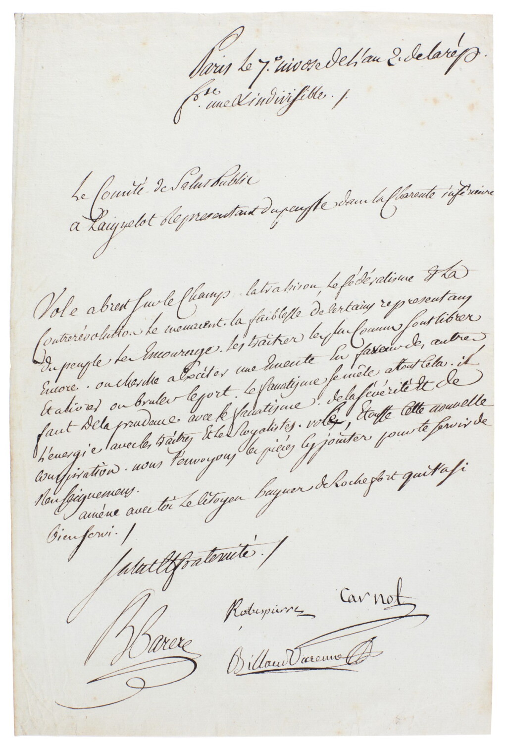 View full screen - View 1 of Lot 133. Robespierre | Document signed, also signed by three others, warning of counter-Revolutionary activity, 27 December 1793.