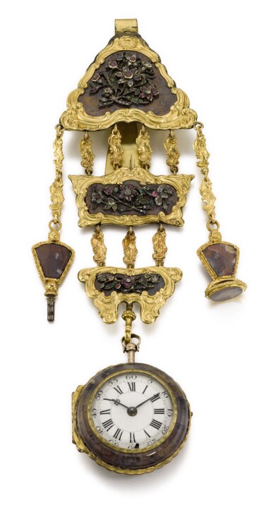 View full screen - View 1 of Lot 66. A mid-18th century watch movement signed Ellicott with later associated decorative agate case and chatelaine.