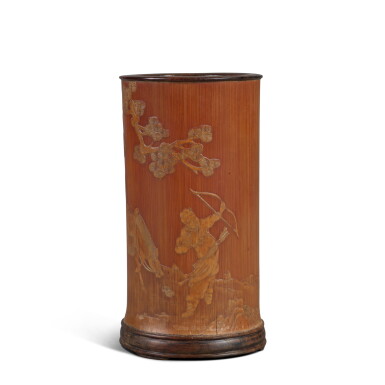 View full screen - View 1 of Lot 277. An inscribed and carved bamboo and 'zitan' brushpot (Bitong), Qing dynasty, 18th century.