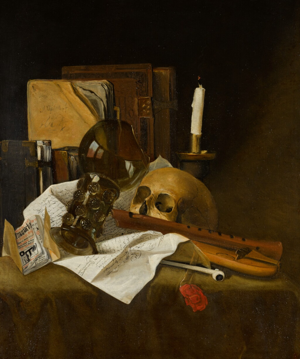 View full screen - View 1 of Lot 28. ATTRIBUTED TO JACQUES DE CLAEUW | Vanitas still life with a broken glass roemer, recorder, skull, extinguished candle, documents and books.