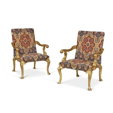 View full screen - View 1 of Lot 1019. A Pair of George I Giltwood and Gilt-Gesso Open Armchairs Attributed to James Moore, Circa 1720.