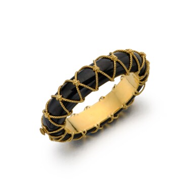 View full screen - View 1 of Lot 159. Gold and Black Jade 'Rope Net' Cuff-Bracelet.