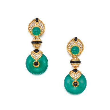 View full screen - View 1 of Lot 448. Pair of Chrysoprase, Onyx and Diamond 'Pneu' Earclips.