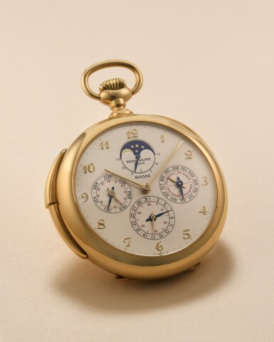 View full screen - View 1 of Lot 130. Reference 962/1J-001 | A yellow gold open-faced keyless minute repeating perpetual calendar watch with the equation of time, moon phases, and 24-hour indication, Circa 2001.