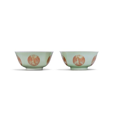 View full screen - View 1 of Lot 350. A pair of celadon-glazed iron-red ‘phoenix roundel’ bowls, Seal marks and period of Daoguang.