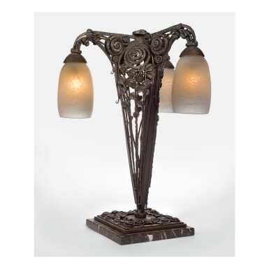 View full screen - View 1 of Lot 142. EDGAR BRANDT | THREE-LIGHT TABLE LAMP.