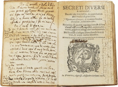 View full screen - View 1 of Lot 102. Falloppio, Secreti diversi & miracolosi, Venice, 1578, old vellum, manuscript notes.