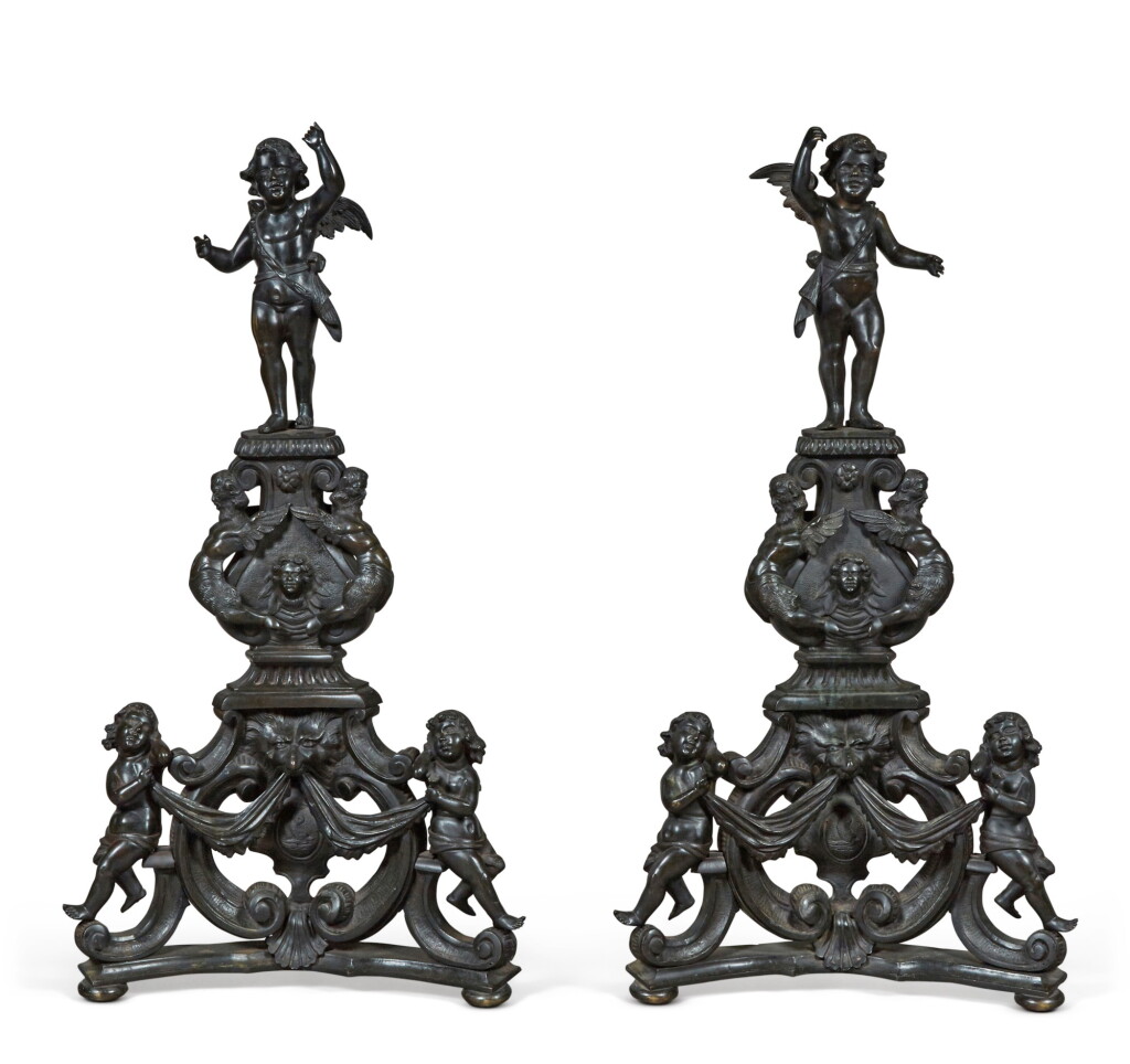 View full screen - View 1 of Lot 67. A PAIR OF ITALIAN LARGESCALE BRONZE ANDIRONS, IN THE MANNER OF NICCOLO ROCCATAGLIATA, VENICE, CIRCA 1890.