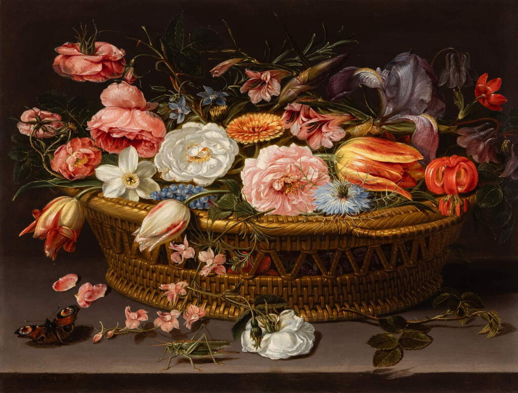 View full screen - View 1 of Lot 26. Still life of roses, carnations, tulips, narcissi, irises, love-in-a-mist, larkspur, and other flowers, in a wicker basket, with a butterfly and a cricket.