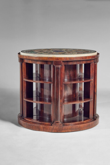 View full screen - View 1 of Lot 721. A William IV Rosewood and Specimen-Marble Circular Open Bookcase, Second Quarter 19th Century; the Top Italian, Late 18th/Early 19th Century.
