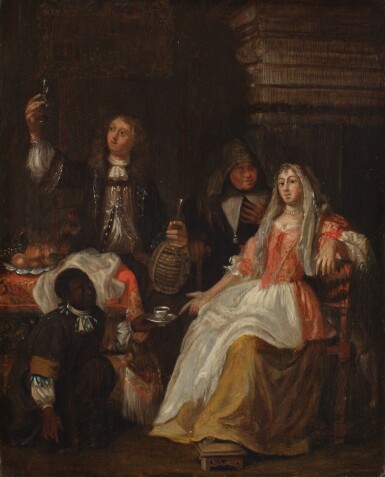 View full screen - View 1 of Lot 125. Elegant Couple Drinking Wine and Tea in an Interior.