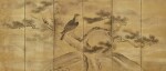 Soga Chokuan (active circa 1596-1615), Hawk on a pine tree, Momoyama period, late 16th – early 17th century | 曽我直庵 松に鷹図屏風 桃山時代 16世紀後半〜17世紀初頭