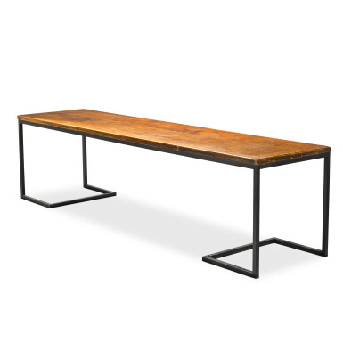 View full screen - View 1 of Lot 148. A large twin-plank mahogany table, mounted on a bespoke patinated steel stand.