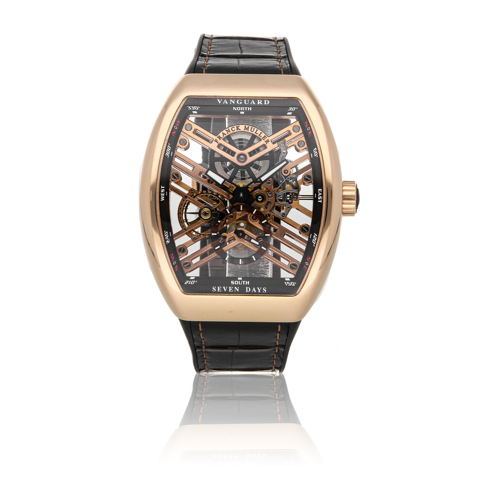 View full screen - View 1 of Lot 8. FRANCK MULLER | VANGUARD V45 S6 SQT 5N, A ROSE GOLD TONNEAU-SHAPED SKELETONIZED WRISTWATCH CIRCA 2000.