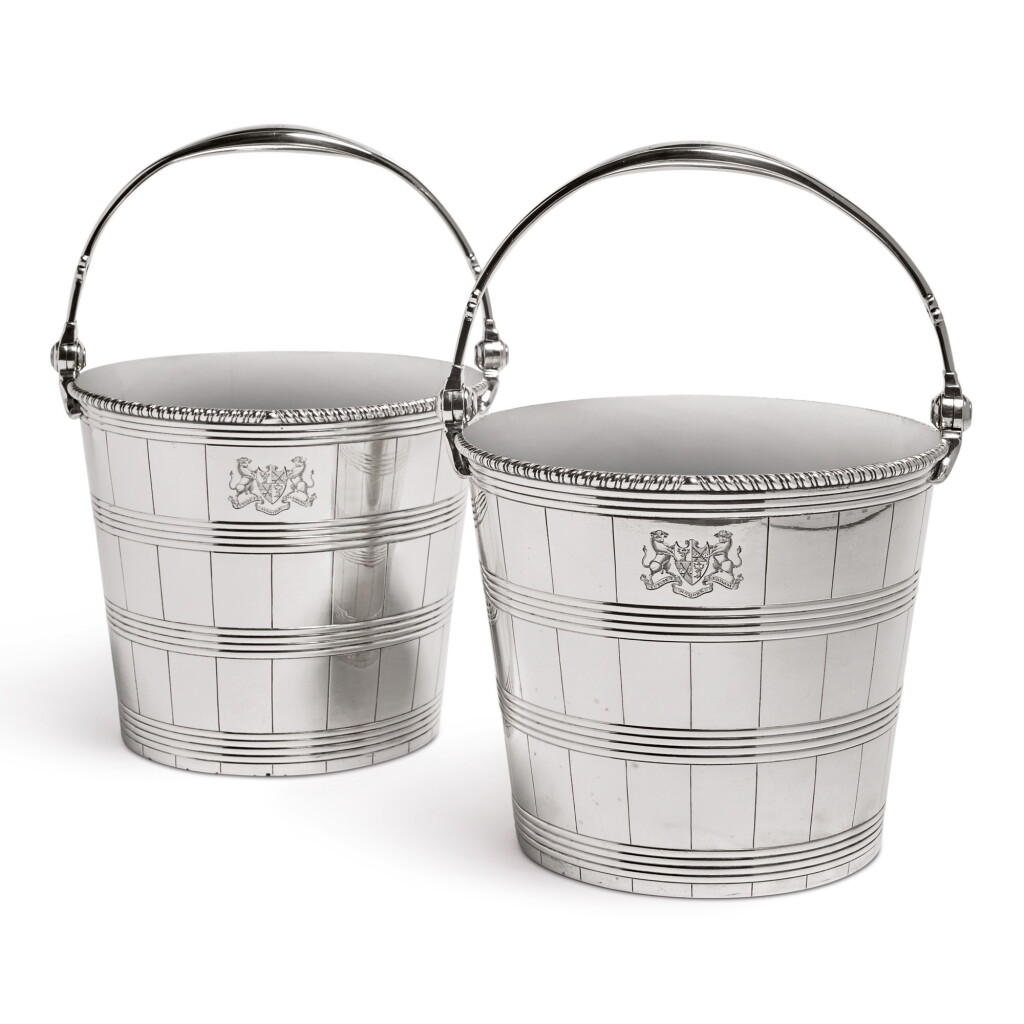 View full screen - View 1 of Lot 225. A PAIR OF GEORGE III SILVER WINE COOLERS, BENJAMIN LAVER, LONDON, 1785.