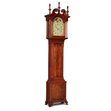 View full screen - View 1 of Lot 1098. Rare Chippendale Carved Walnut Case Clock, case attributed to Adam Ault (1768-1848), works possibly by George Hoff Sr. (1733-1816), Hanover, Pennsylvania, Circa 1790.