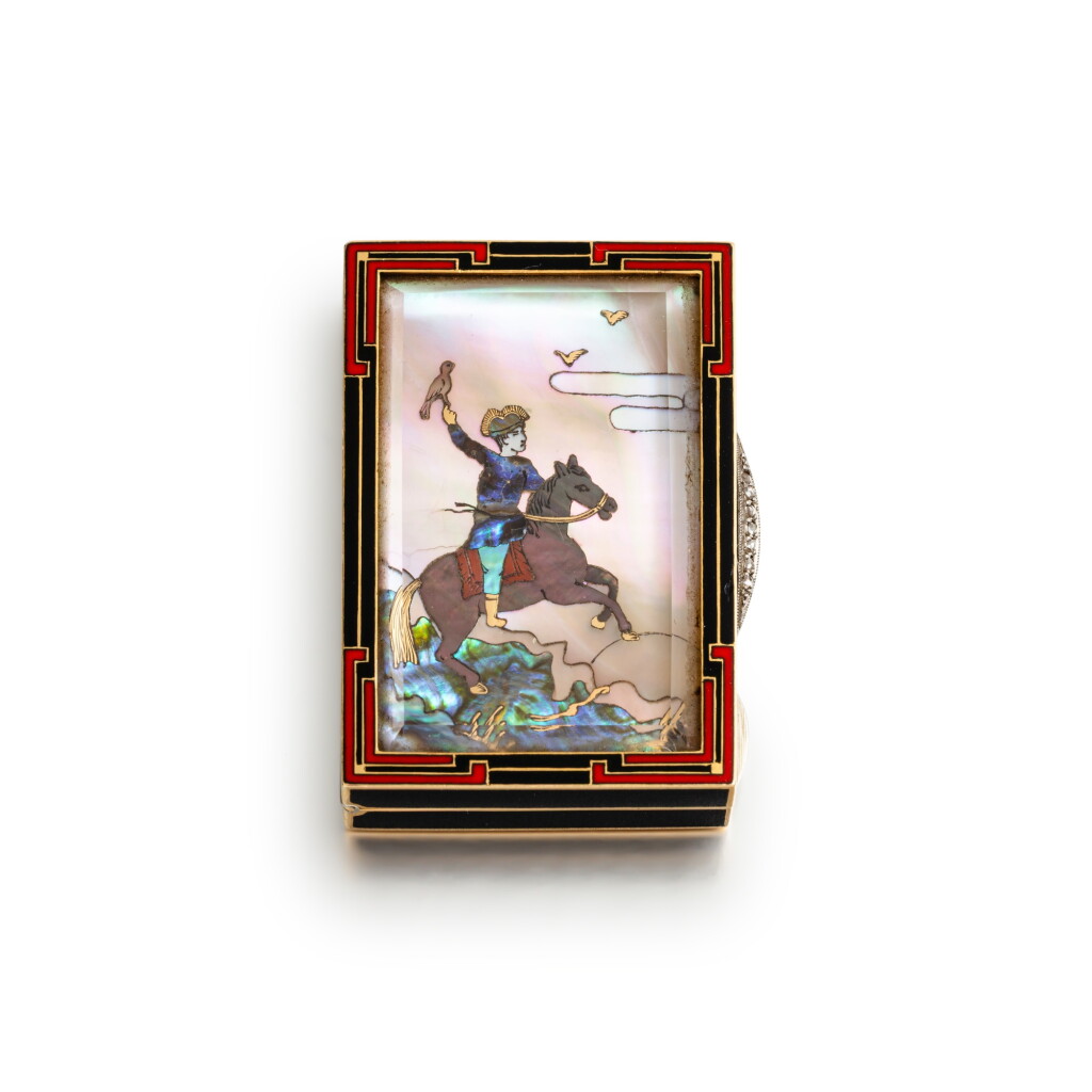 View full screen - View 1 of Lot 129. Onyx, mother-of-pearl, enamel and diamond pillbox .